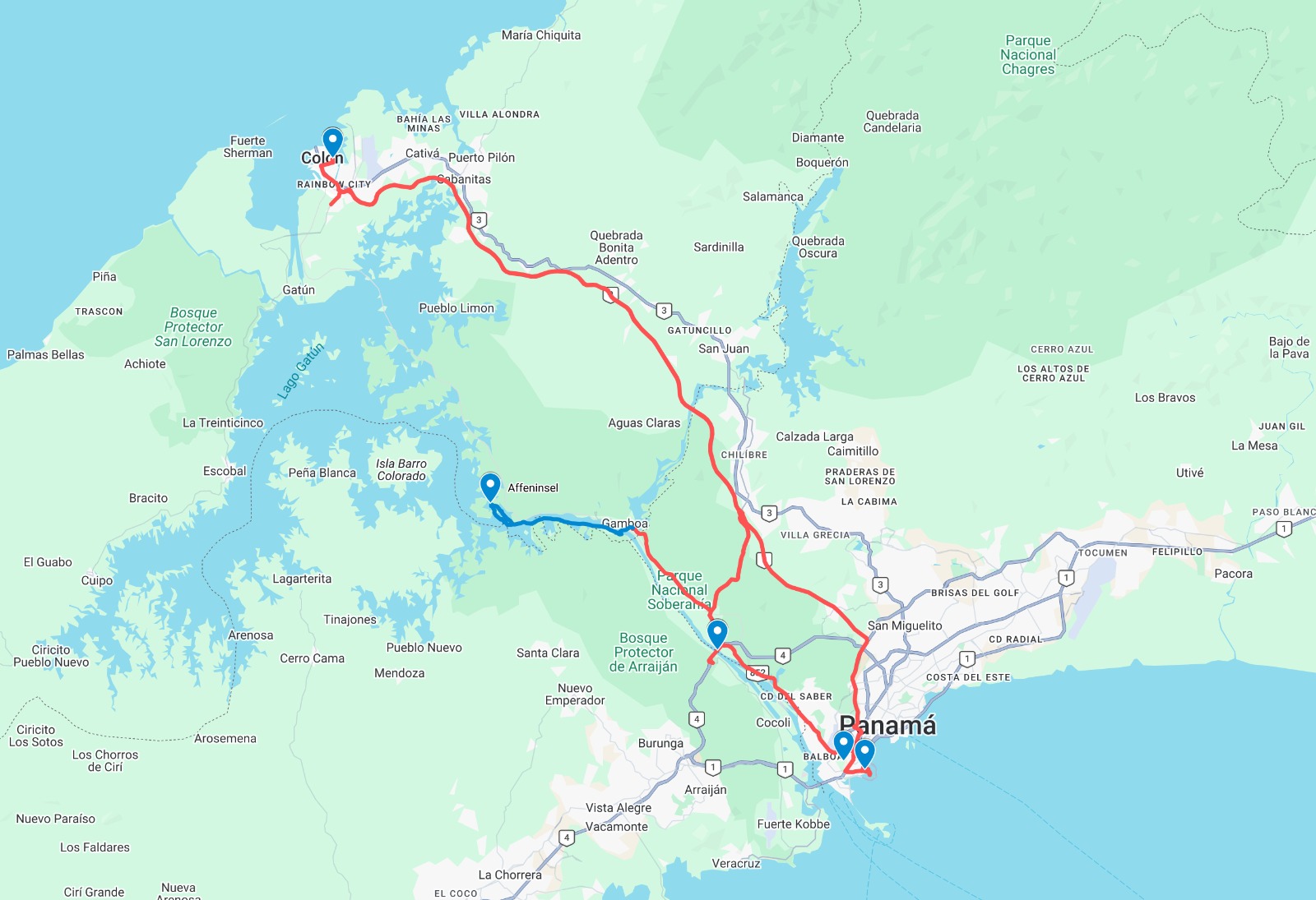Landausflug Best of Panama – Karte der Route von Colón über die Affeninsel nach Panama Stadt